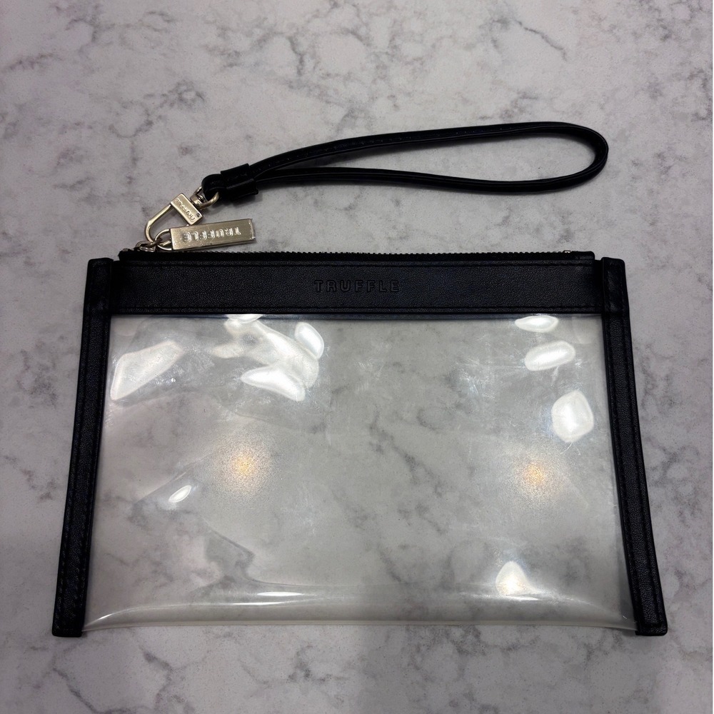 Truffle Clarity Clutch Small Black Leather Trim Clear TPU Wristlet Pouch Bag